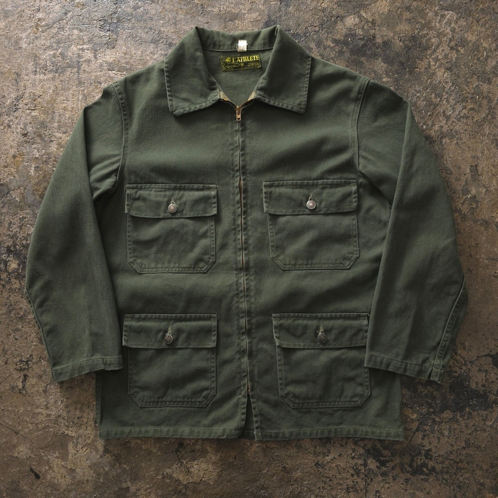 Vintage 1960s L'ATHLETE Green Chore Jacket French Cotton Distressed Workwear